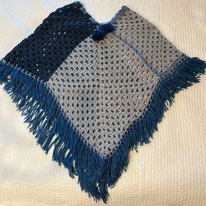 Handmade Crochet Knit Fringed Poncho/ O/S